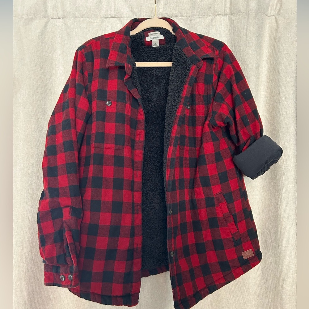 L.L. Bean Black and Red Plaid Sherpa Jacket